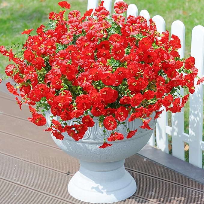 Artificial Flowers Fake Plants for Outdoors Decoration, 12 Bundles Red Silk Morning Glory with Eucalyptus Realistic UV Resistant Faux Flowers Greenery for Outside Planter Yard Garden Home Indoor Patio