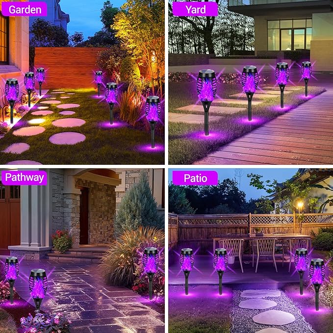 Solar Lights Outdoor Halloween Decorations, Upgraded 10 Pack Purple Solar Torch Lights with Flickering Flame, Waterproof Halloween Lights Outdoor, Tiki Torches for Outside Patio Pathway Decor