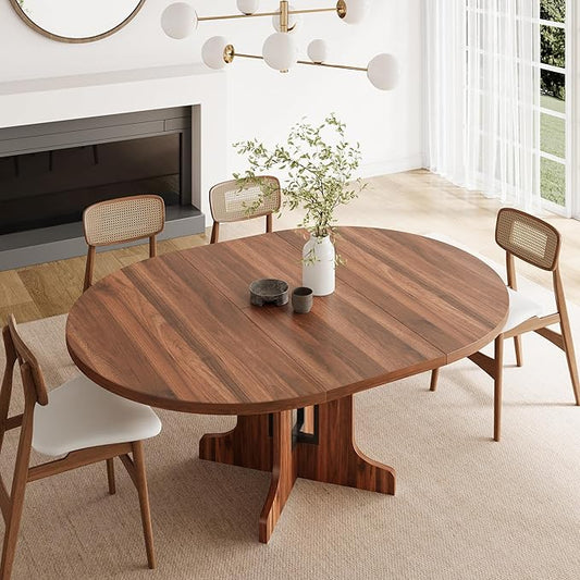 Feonase 59" Round Extendable Dining Room Table for 4-6, Modern Oval Kitchen Table with Heavy Duty Wood Base, Metal Frame Support, for Kitchen Dining Living Room, Easy Assembly, Walnut