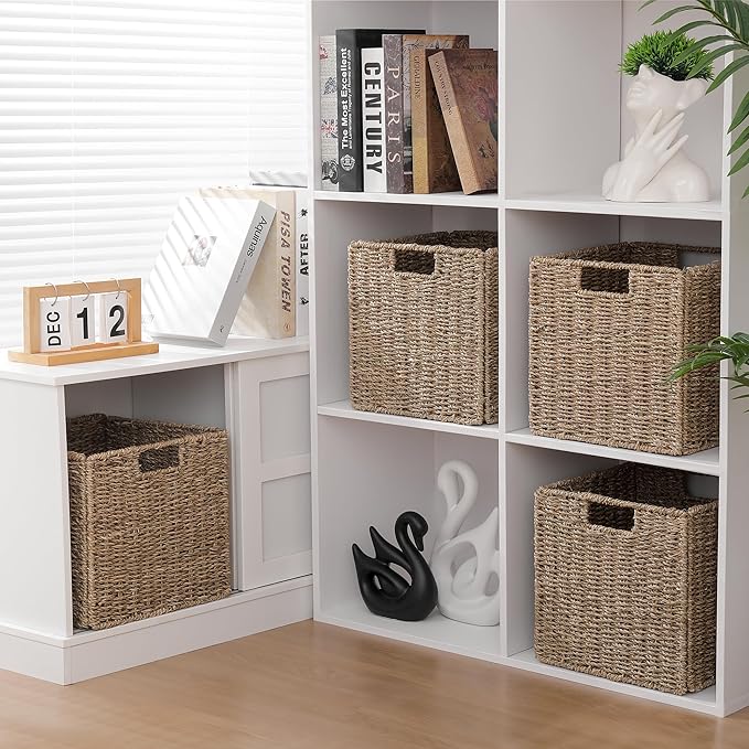 10.5 x 10.5in Seagrass Storage Baskets Set of 4, Cube Foldable Woven Storage Baskets for Shelves, Decorative Seagrass Shelf Basket