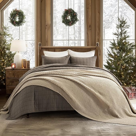 EVERGRACEHOME Chunky Chenille Knit Throw Blanket for Couch, Soft Luxurious Oversized King Moss Stitch Blanket for Bed, Large Cozy Farmhouse Knitted Throw for Sofa, Sand Dune, 92" x 108"