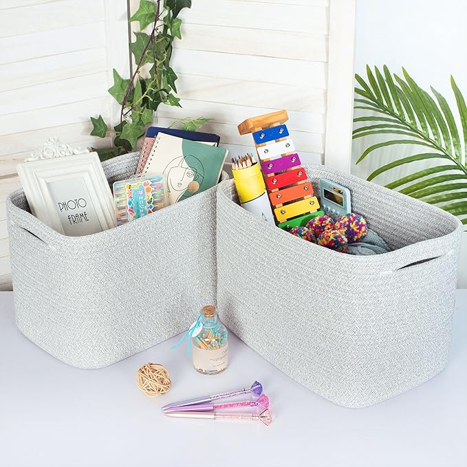 MINTWOOD Design 3-Pack Decorative Woven Storage Baskets for Shelves, Cube Bin Box for Organizing Books, Shoes, Dog Toys, Pantry Closet and Living Room Organizer, Light Gray Mix