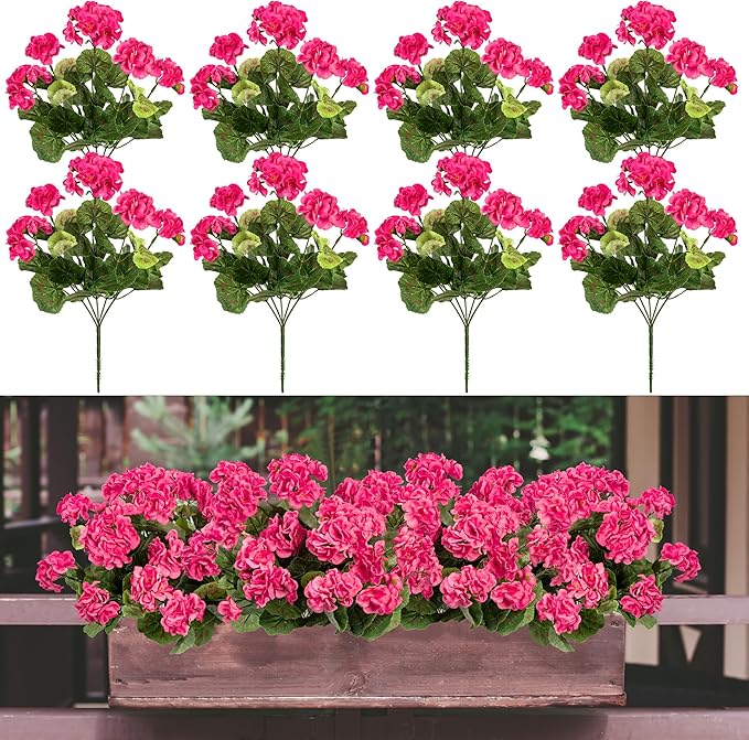 Plastic Flowers for Outdoors Home Decor Fake Plants Artificial Flowers Artificial Geraniums Outdoor Fake Flowers Silk Bouquet Fall Decoration Interior Porch Garden Decor 14.4"(Rose Red) 8PCS