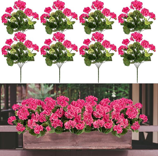 Plastic Flowers for Outdoors Home Decor Fake Plants Artificial Flowers Artificial Geraniums Outdoor Fake Flowers Silk Bouquet Fall Decoration Interior Porch Garden Decor 14.4"(Rose Red) 8PCS