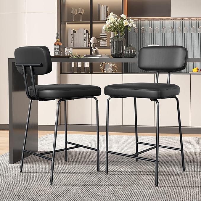 Counter Height Bar Stools Set of 2, 26" Faux Leather Kitchen Counter Stools with Backs, Metal Legs, Footrest, Bar Chairs for Kitchen Island, Black