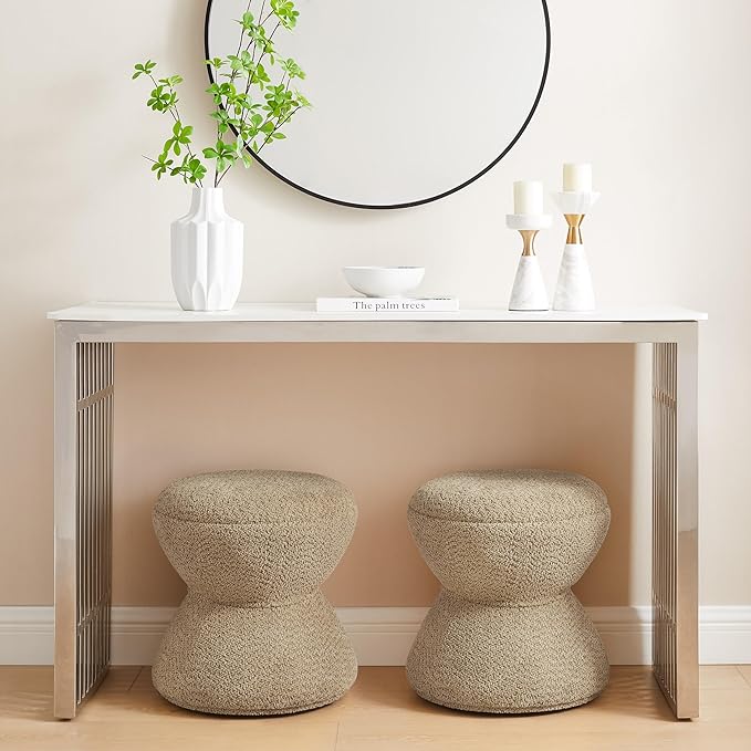 VANOMi Multi-Functional Boucle Ottoman, Vanity Stool Chair, Sturdy Rotating Wooden Footstool, Suitable for Living Room, Bedroom, and Entryway, Without Installation, Swivel, Camel