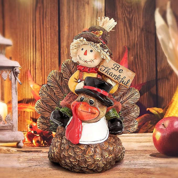 Thanksgiving Turkey Statue and Fall Scarecrow for Home Deocr, Turkey and Scarecrow Figurines Indoor Decorations Thanksgiving Autumn Harvest Gift Table Centerpieces
