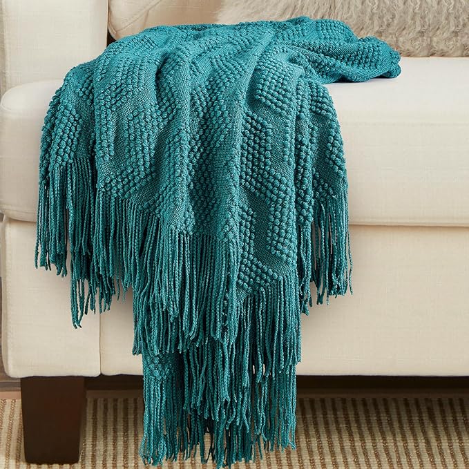 BOURINA Teal Throw Blanket 50x60 Inches Throw Textured Solid Soft Ripple Throws and Blankets for Sofa or Bed Knitted Decorative Blanket