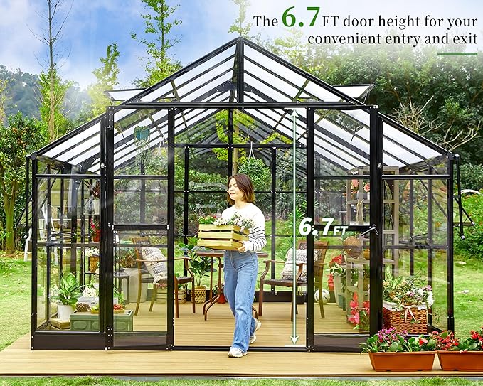 Jocisland 12x13.5x9 FT Polycarbonate Greenhouse, Outdoor Aluminum Greenhouse with 4 Ventilation,Quick Connect Fittings, 6.7 FT Height Double Doors, Fit for Backyard, Black