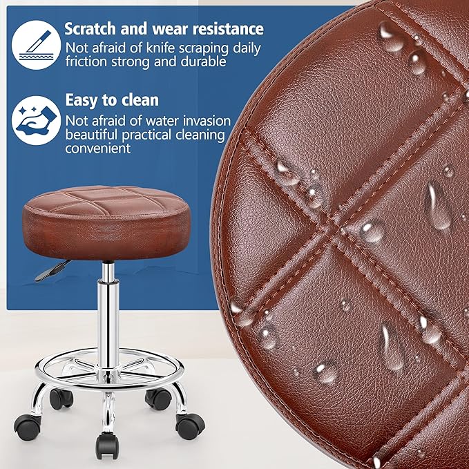 Rolling Stool with Wheels, PU Leather Small Office Chair with Foot Rest,Versatile Adjustable Swivel Stool for Tattoo Massage Salon Spa Teach Medical Facial Office Home Work Kitchen