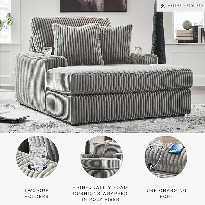 Signature Design by Ashley Lindyn Contemporary Chaise with USB Charging Ports, 2 Cup Holders and Throw Pillows, Gray