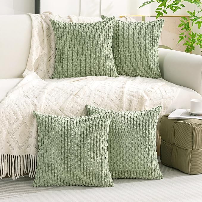 Set of 4 Sage Green Decorative Throw Pillow Covers 22x22 Inch Corduroy Pillow Covers for Bed Couch Sofa Living Room Soft Square Cushion Cases