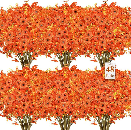 SHareconn 48 Bundles Artificial Fall Flowers for Outdoors Decoration, UV Resistant Silk Eucalyptus Lavender Faux Autumn Fake Plants for Outside Indoor Garden Yard Porch Home Decor, Sunset Red Orange