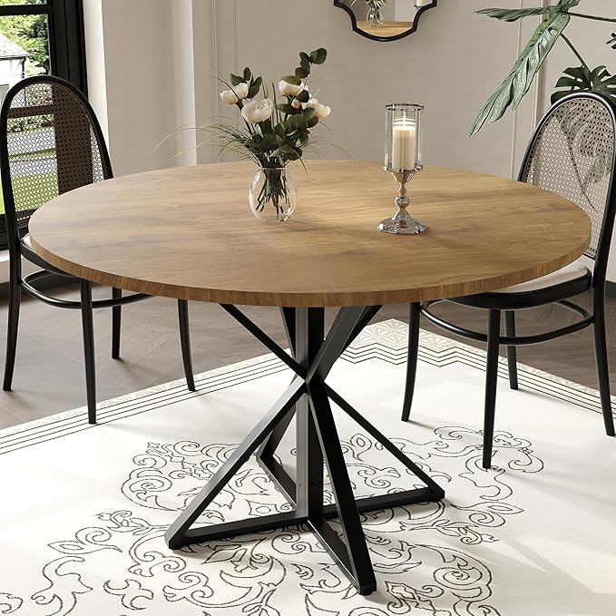 GarveeHome 47 inch Round Dining Table for 4, Brown, Farmhouse Wood Circle Pedestal Kitchen Table, Circle Dinner Table for Kitchen & Dining Room