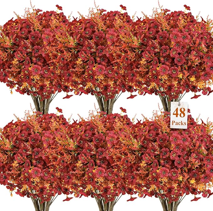 SHareconn 48 Bundles Artificial Fall Flowers for Outdoors Decoration, UV Resistant Silk Eucalyptus Lavender Faux Autumn Fake Plants for Outside Indoor Garden Yard Porch Home Decor, Orange Brown