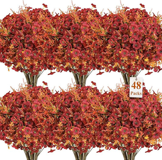 SHareconn 48 Bundles Artificial Fall Flowers for Outdoors Decoration, UV Resistant Silk Eucalyptus Lavender Faux Autumn Fake Plants for Outside Indoor Garden Yard Porch Home Decor, Orange Brown
