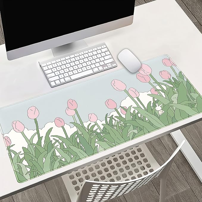 WatercolorTulip Flower Mouse Pads,Extended Gaming Mousepad XXL Kawaii Anime Desk Mat Pink Green Large Full Desk Mouse Pad for Wireless Mouse Keyboard Mat with Stitched Edges 31.5" x15.75