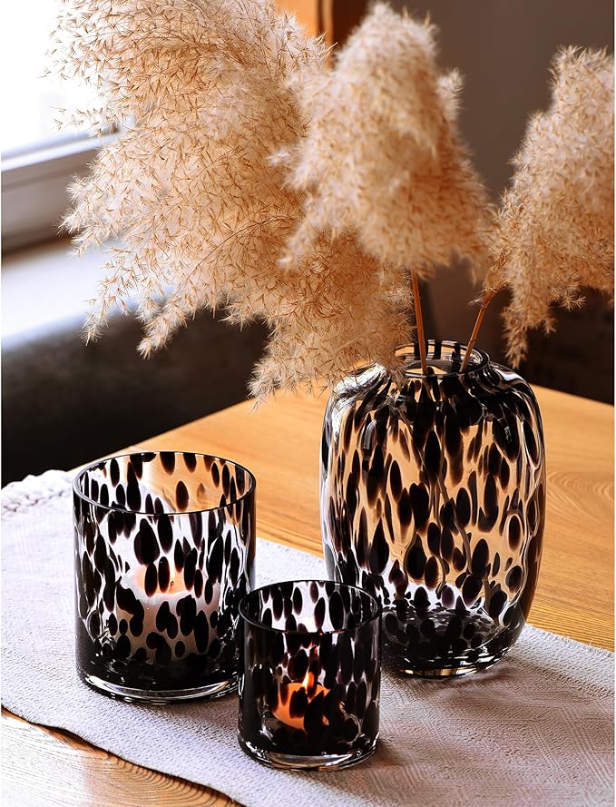 CONVIVA Decorative Glass Vase and Candle Holder Set, Fall Home Decor 3-Piece, Black Tortoise Pattern