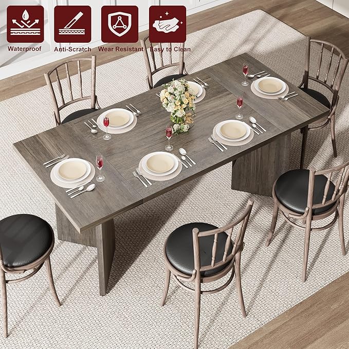 GarveeHome Dining Room Table 6, 70.9'' Rectangular Kitchen Table Dining Room Furniture with Sturdy Frame, Thickened Long Tabledesk and Dinner Desk for Party, Big Family, Flat Leg (Grey)