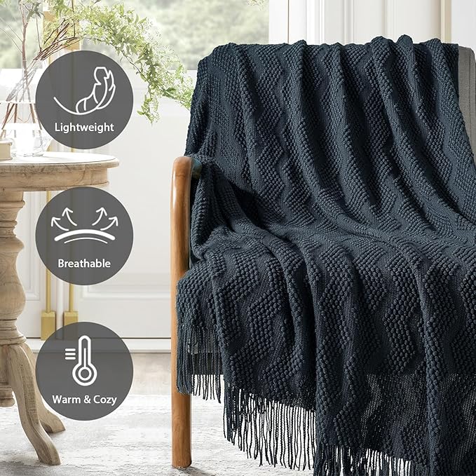 BOURINA Navy Throw Blanket 50x60 Inches Throw Textured Solid Soft Ripple Throws and Blankets for Sofa or Bed Knitted Decorative Blanket
