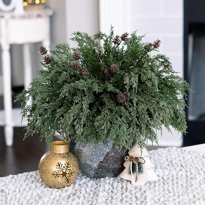 Faux Cedar Stems Artificial Norfolk Pine Branches for Christmas Decor, 12 PCS Fake Pine Stems with 2 PCS Pine Cones Branches Real Touch Realistic Faux Greenery for Vases DIY Garland Xmas Table Indoor