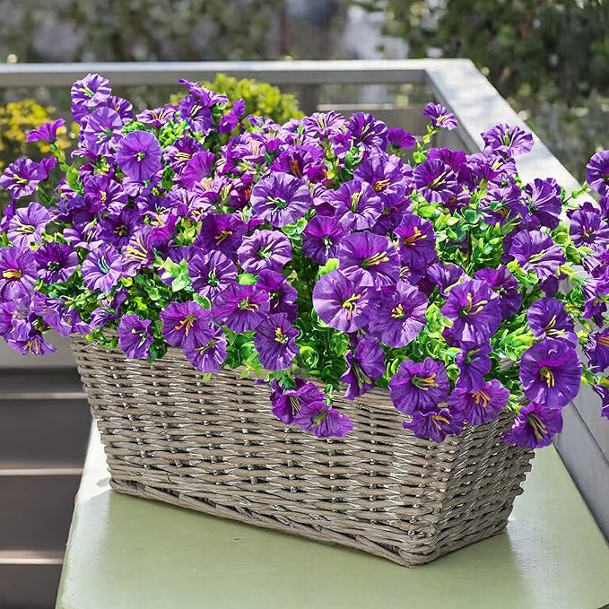 Artificial Flowers Fake Plants for Outdoors Decoration, 12 Bundles Purple Silk Morning Glory with Eucalyptus Realistic UV Resistant Faux Flowers Greenery for Outside Planter Yard Garden Home Indoor