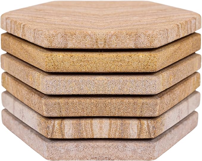 Sandstone Water Absorbent Hand Crafted Hexagon Coasters for Drinks - 4 Inches Wide Thirsty Stone Bar/Drink Coasters- Made from Rainbow Sandstone (Set of 6 Without Holder)