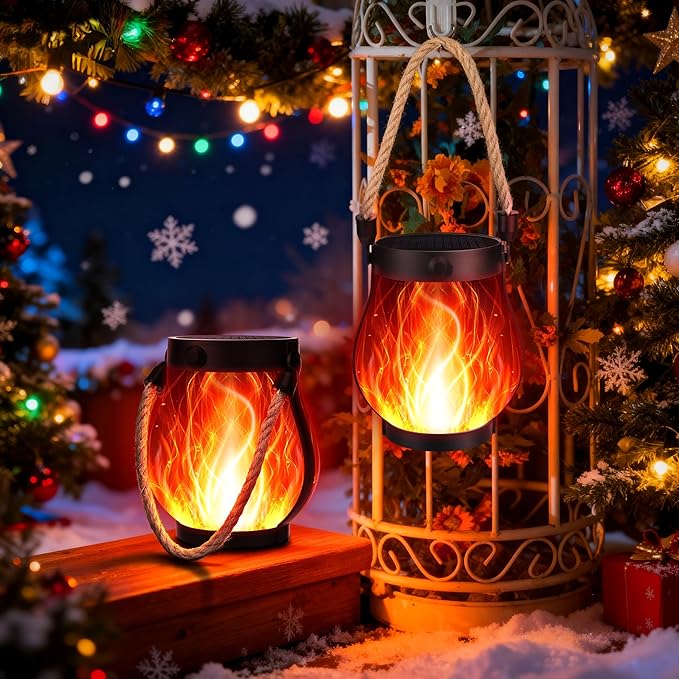 Christmas Solar Flame Lantern Hanging Outdoor Waterproof Purple - 2 Pack Flame Lanterns with Dual Charging Modes of Solar & USB for Garden or Yard Decorations (Red - 2 Pack)