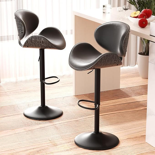 Swivel Bar Stools Set of 2, Seat Adjustable Height 23.5-32.5IN Bentwood Barstools with Back & Footrest, PU Leather Upholstered Counter Height Bar Chairs for Bar Kitchen Dining Room, Grey