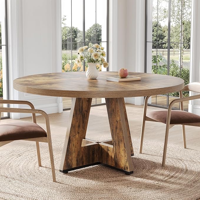 LITTLE TREE Round Dining Table for 4-6 People, 47 Inches Dining Room Table with Wooden Pedestal Base, Circle Kitchen Tables for Dining Room, Kitchen, Living Room, Rustic Brown