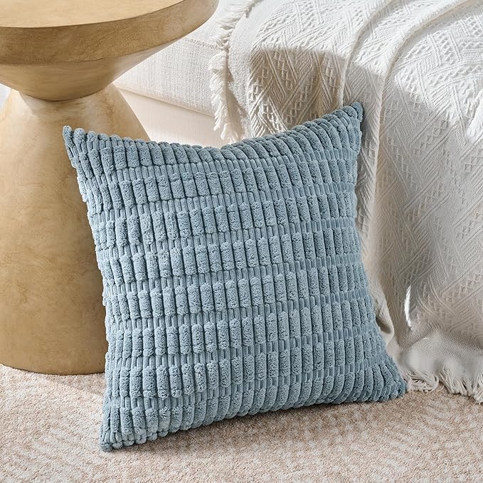 Fancy Homi Set of 4 Blue Decorative Throw Pillow Covers 14x14 Inch for Couch Bed Chair, Modern Farmhouse Boho Room Decor, Soft Fuzzy Corduroy Textured Striped Coastal Blue Cushion Case 35cm
