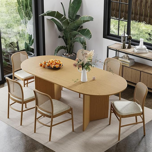 Casaphoria 67" Dining Table for 6, Wood Kitchen Table with Scratch-Resistant Top & V-Shaped Base, Modern Farmhouse Oval Dining Table for Living Room, Kitchen, Easy Assembly, Oak