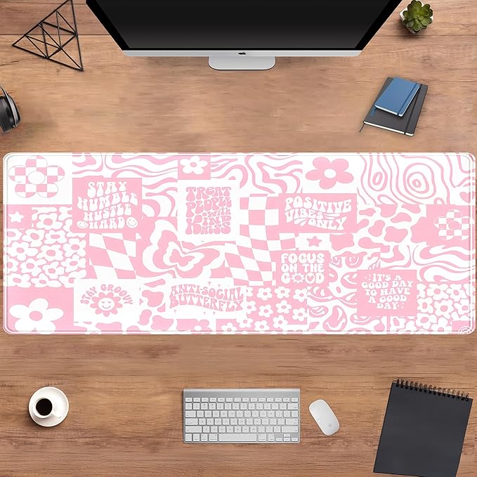 Pink Boho Desk Pad XL Large Gaming Mouse Pad Retro Hippie Boho Desk Mat with Stitched Edges, Non-Slip Rubber Base Mousepad Computer Laptop Keyboard Mouse Mat Desktop Protector Pad 31.5x11.8 in