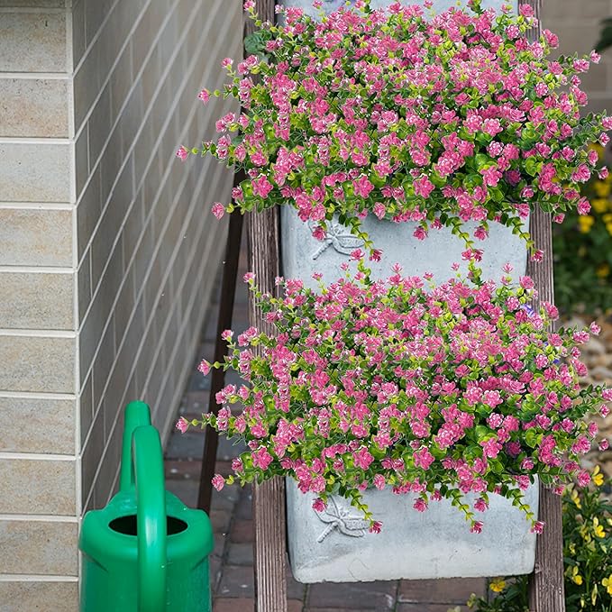 Outdoor Artificial Flowers UV Resistant, 20 Bundles Fake Realistic Floral Greenery Plants for Outside Porch, Window Boxes, Garden, Yard, Inside Home Table Decor, Pink