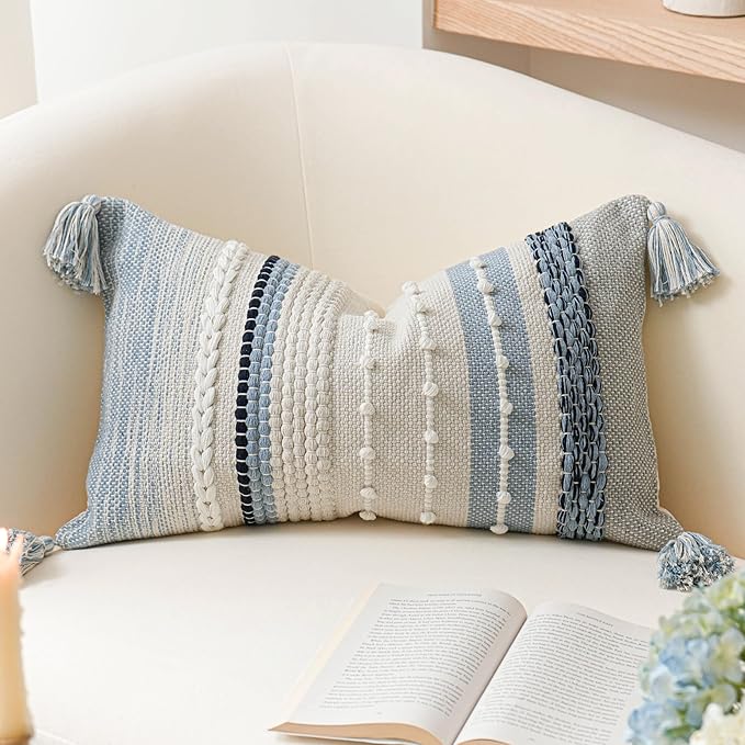 BlissBlush Decorative Lumbar Throw Pillow Cover 14x24 Boho Coastal Blue Accent Cushion for Couch Sofa Farmhouse Pillowcase for Bedroom Living Room Home Décor Cover ONLY