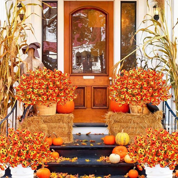 16 Bundles Artificial Fall Flowers for Outdoors Decoration, Fake Pansy Flowers UV Resistant Silk Faux Pansies Autumn Plants for Garden Window Box Patio Planter Porch Home Decor, Orange