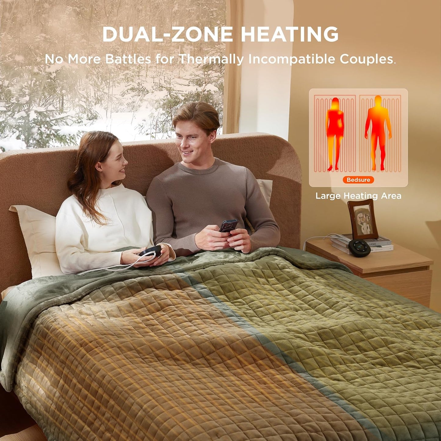 Bedsure Electric Blanket Queen Size - Dual Control Heated Weighted Blanket Queen with 10 Heat Settings, Fast Heating with 10 Time Settings (84x90 inches, Olive Green)