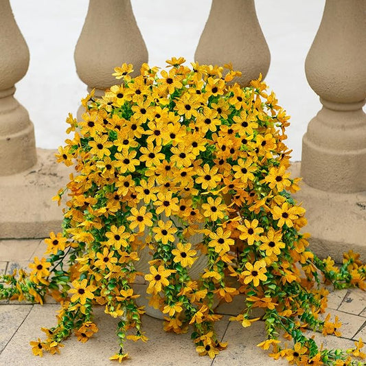 Fake Mums Fall Artificial Hanging Flowers for Outdoors Plants Decoration, 2 Bundles Faux Silk Colorful Daisy Eucalyptus Realistic UV Resistant for Outside Home Planter Porch Patio Yard Decor(Yellow)