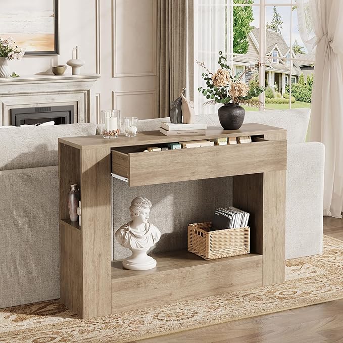 Farmhouse Console Table with Drawer, 47'' Wood Entryway Table with Storage Shelves, Narrow Sofa Table Behind Couch for Living Room, Hallway, Foyer (Gray)
