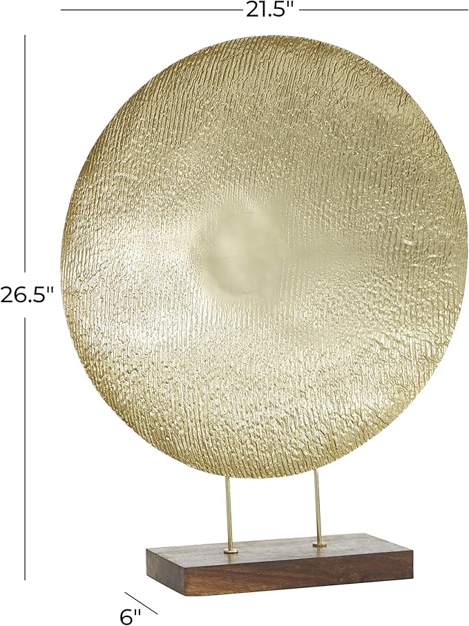 Deco 79 Metal Geometric Decorative Sculpture Plate Home Decor Statue with Wood Stand, Accent Figurine 22" x 6" x 27", Gold