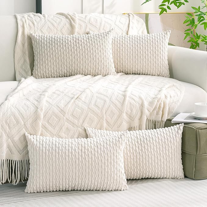 Set of 4 Cream White Decorative Throw Pillow Covers 12x20 Inch Corduroy Pillow Covers for Bed Couch Sofa Living Room Soft Cushion Cases