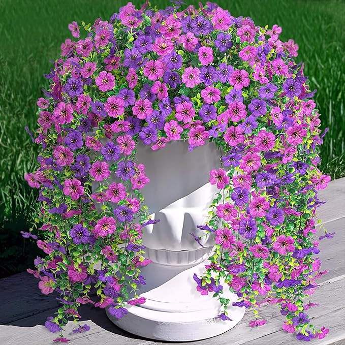 Artificial Fake Hanging Plants Flowers for Spring Outdoor Outside Decor, Faux Mums Silk Realistic Flower, 2 Pcs UV Resistant Look Real Plastic Decorations for Porch Home Patio Balcony Yard