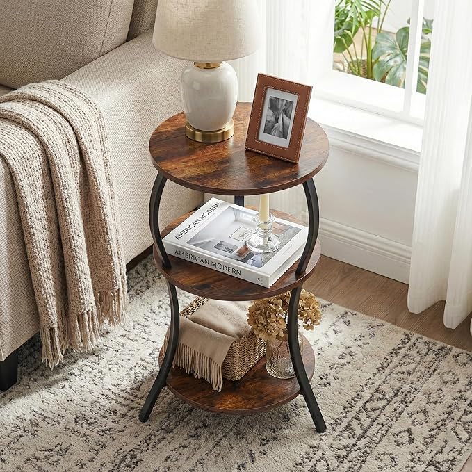 Vintage Small Round Side Table, 3-Tier Slim Waist Circular End Table with Storage Shelf, Compact Tea Sofa Table, Round Corner Coffee Table Nightstand for Living Room Bedroom Small Spaces,Rustic Brown