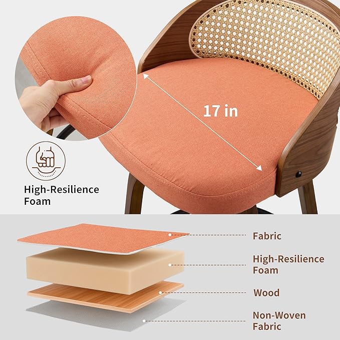 26 inch Swivel Bar Stools with Back, Set of 2 Mid-Century Modern Walnut Bar Chairs, Orange Textured Fabric Upholstered Counter Stools with Footrest for Kitchen Island & Dining Room