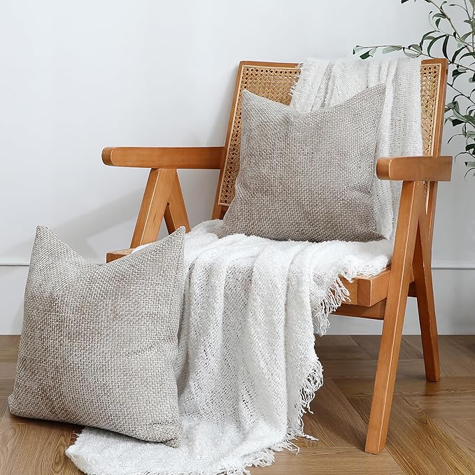 Stellhome Pack of 2 Woven Textured Decorative Throw Pillow Covers Soft Chenille Accent Luxury Cushion Cases for Living Room Couch Bed Sofa Farmhouse Boho Home, 16x16 inch, Light Brown