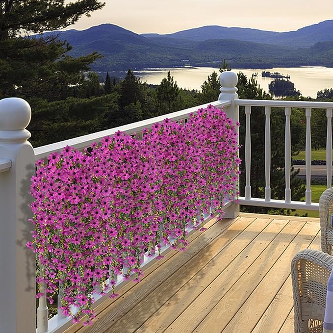 Fake Artificial Hanging Flowers for Outdoors Fake Plants Decoration, 2 Bundles Faux Silk Colorful Daisy Eucalyptus Realistic UV Resistant for Outside Home Planter Porch Patio Yard Decor(Purple)