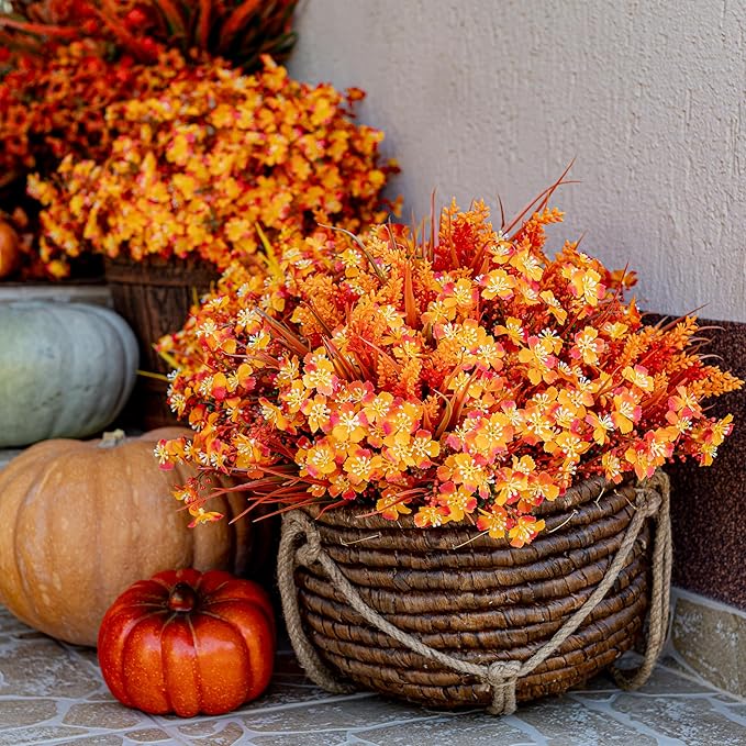 Artificial Fall Flowers Outdoor Fake Mums - 16 Bundles Fake Plants UV Resistant No Fade Faux Plastic Greenery Garden Porch Patio Fall Home Decor (1, OrangeGreen)