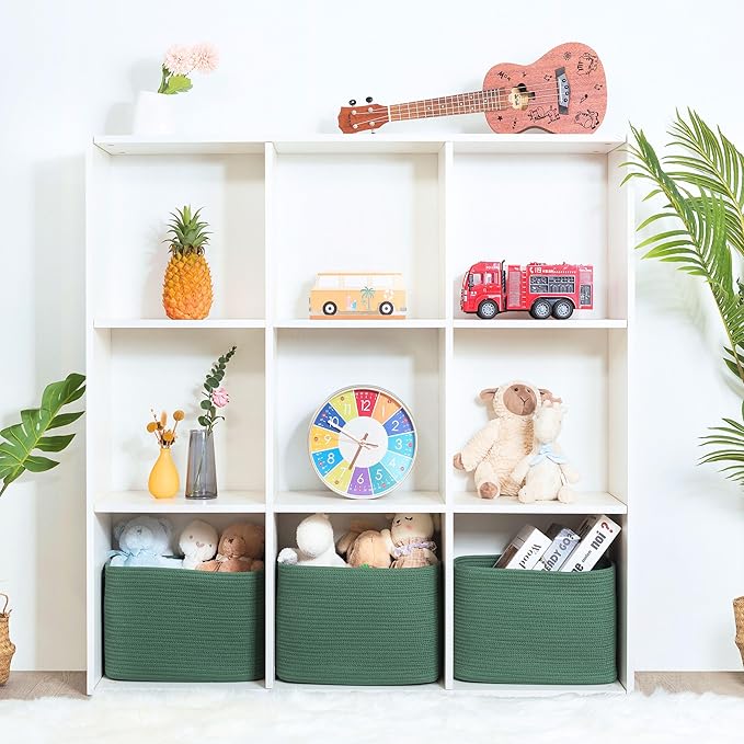 MINTWOOD Design 3-Pack Decorative Woven Storage Baskets for Shelves, Cube Bin Box for Organizing Books, Shoes, Dog Toys, Pantry Closet and Living Room Organizer, Forest Green