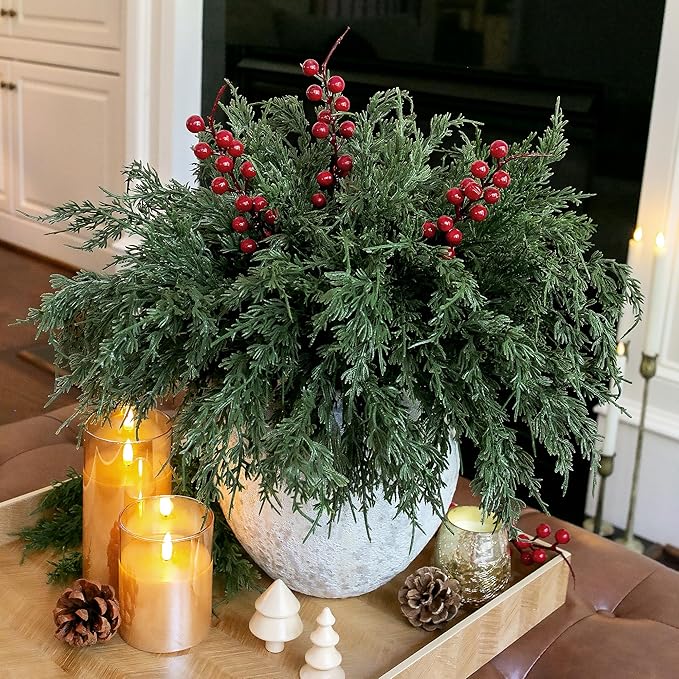 Cedar Stems Artificial Norfolk Pine Branches for Christmas Decor, 12 PCS Fake Pine Stems with 3 PCS Red Berries Branches Realistic Fake Plants Faux Greenery for Vases DIY Garland Xmas Table Indoor