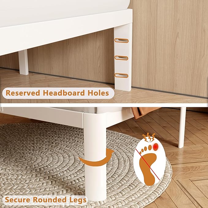 16 Inch Bed Frame Queen Size with Metal Gaskets, Heavy Duty Queen Platform Bed Frame No Box Spring Needed, DIY Headboard, Anti-Slip Mattress Stopper, Round Corner Leg, Easy Assembly, White